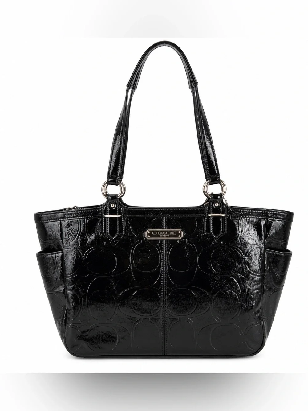 Coach Signature Patent Leather Shoulder Tote Black Silver Hardware F19463 Preppy